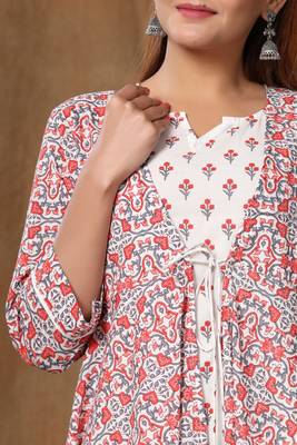 Women Pure Cotton Floral Print Ankle Length Anarkali Kurta with Jacket Dress 5
