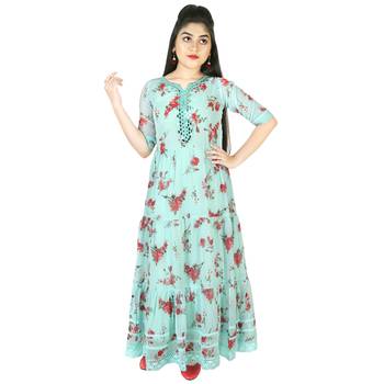 Aura Girls Sea Green printed faux Georgette Dress kids-frocks 1