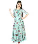 Aura Girls Sea Green printed faux Georgette Dress kids-frocks