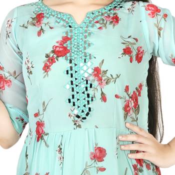 Aura Girls Sea Green printed faux Georgette Dress kids-frocks 2
