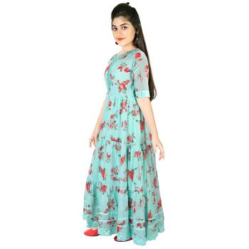 Aura Girls Sea Green printed faux Georgette Dress kids-frocks 3