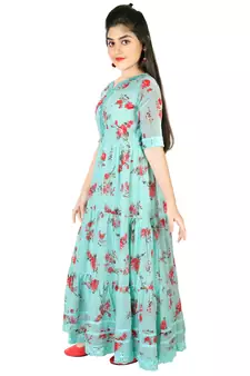 Aura Girls Sea Green printed faux Georgette Dress kids-frocks