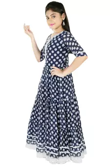 Blue printed faux georgette kids-frocks