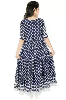Blue printed faux georgette kids-frocks