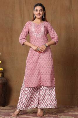 Womens Cotton Straight Floral Print Kurta Palazzo Set 1