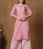 Womens Cotton Straight Floral Print Kurta Palazzo Set