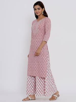 Womens Cotton Straight Floral Print Kurta Palazzo Set 3