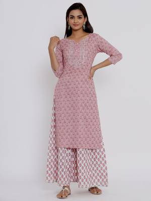 Womens Cotton Straight Floral Print Kurta Palazzo Set 6