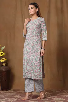 Women's Cotton Floral Print Straight Kurti Palazzo Set