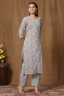 Women's Cotton Floral Print Straight Kurti Palazzo Set