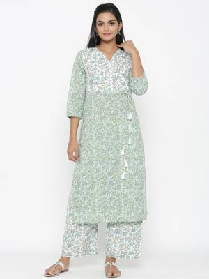 Womens Floral Printed Straight Jaipuri Cotton Kurta Palazzo Set With Tassel 5