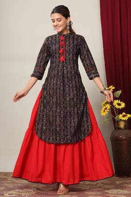 Women's Cotton Slub Lattern Print Straight Kurta Skirt Set 1
