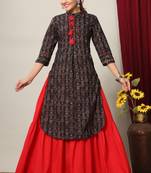 Women's Cotton Slub Lattern Print Straight Kurta Skirt Set
