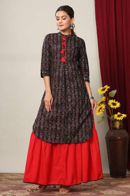 Women's Cotton Slub Lattern Print Straight Kurta Skirt Set 3