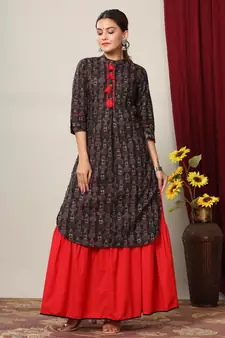 Women's Cotton Slub Lattern Print Straight Kurta Skirt Set