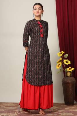 Women's Cotton Slub Lattern Print Straight Kurta Skirt Set 4