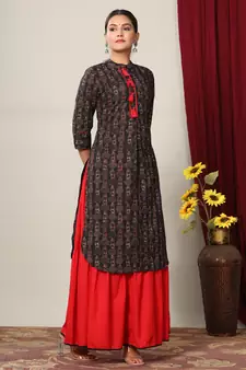 Women's Cotton Slub Lattern Print Straight Kurta Skirt Set