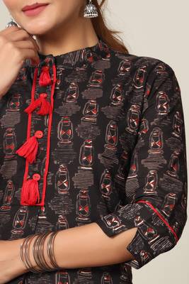 Women's Cotton Slub Lattern Print Straight Kurta Skirt Set 5