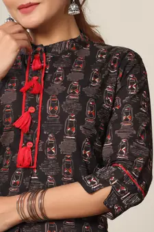 Women's Cotton Slub Lattern Print Straight Kurta Skirt Set