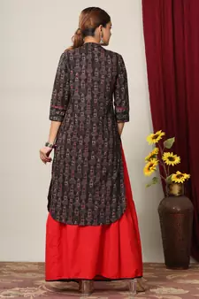 Women's Cotton Slub Lattern Print Straight Kurta Skirt Set