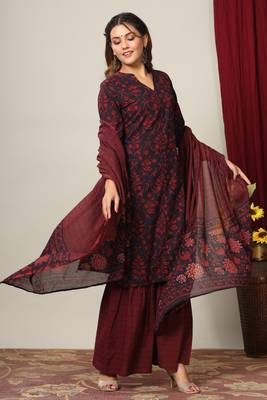 Women's Cotton Floral Print Straight Kurta Sharara Dupatta Set 1