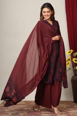 Women's Cotton Floral Print Straight Kurta Sharara Dupatta Set 4