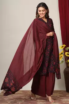 Women's Cotton Floral Print Straight Kurta Sharara Dupatta Set