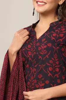 Women's Cotton Floral Print Straight Kurta Sharara Dupatta Set