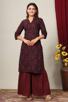 Women's Cotton Floral Print Straight Kurta Sharara Dupatta Set 7