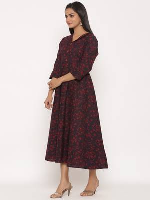 Women's Pure Cotton Floral Print Anarkali Kurta Dress for Girl's 2