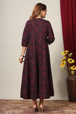 Women's Pure Cotton Floral Print Anarkali Kurta Dress for Girl's 3