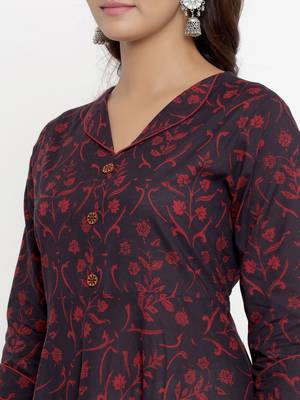 Women's Pure Cotton Floral Print Anarkali Kurta Dress for Girl's 4