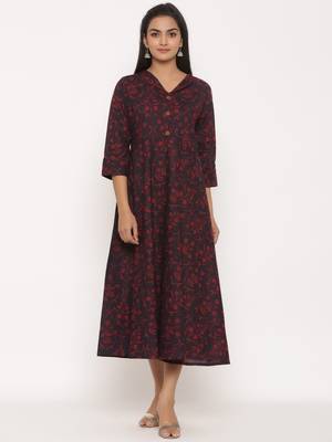Women's Pure Cotton Floral Print Anarkali Kurta Dress for Girl's 5