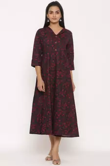 Women's Pure Cotton Floral Print Anarkali Kurta Dress for Girl's