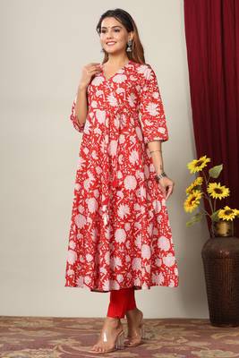 Womens Cotton Floral Print Anarkali Kurta 1