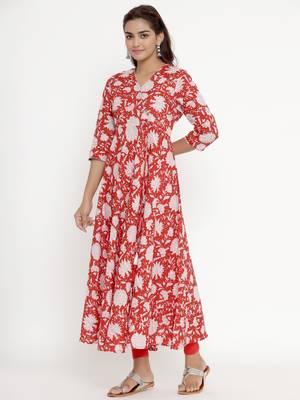 Womens Cotton Floral Print Anarkali Kurta 2