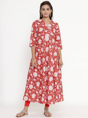 Womens Cotton Floral Print Anarkali Kurta 5