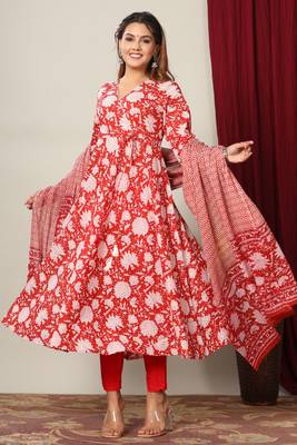 Womens Cotton Floral Print Anarkali Kurta with Dupatta 1