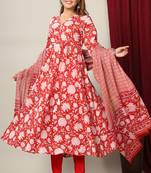 Womens Cotton Floral Print Anarkali Kurta with Dupatta