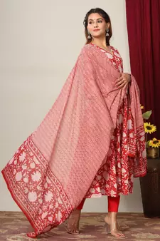 Womens Cotton Floral Print Anarkali Kurta with Dupatta