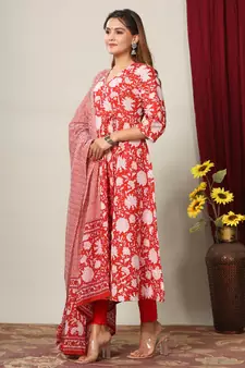 Womens Cotton Floral Print Anarkali Kurta with Dupatta