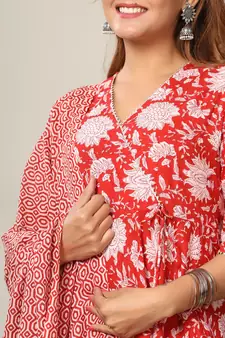 Womens Cotton Floral Print Anarkali Kurta with Dupatta