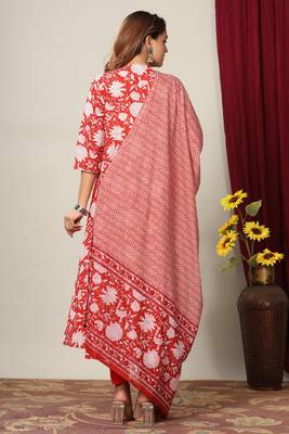 Womens Cotton Floral Print Anarkali Kurta with Dupatta 5