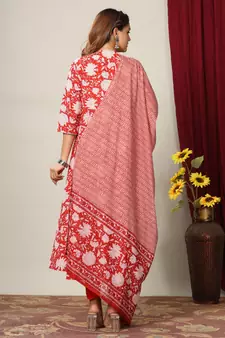 Womens Cotton Floral Print Anarkali Kurta with Dupatta
