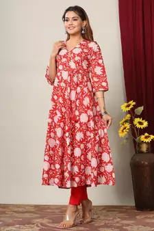 Womens Cotton Floral Print Anarkali Kurta with Dupatta