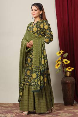 Womens Cotton Floral Print Straight Kurta Sharara Dupatta Set 1
