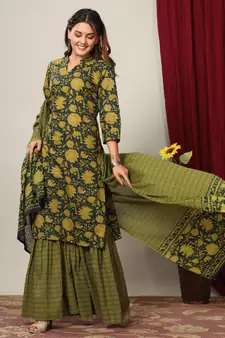 Womens Cotton Floral Print Straight Kurta Sharara Dupatta Set