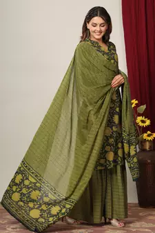 Womens Cotton Floral Print Straight Kurta Sharara Dupatta Set