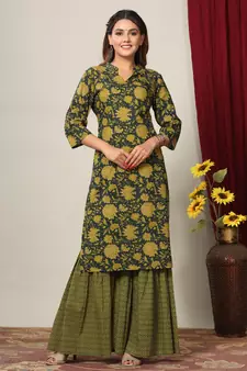 Womens Cotton Floral Print Straight Kurta Sharara Dupatta Set