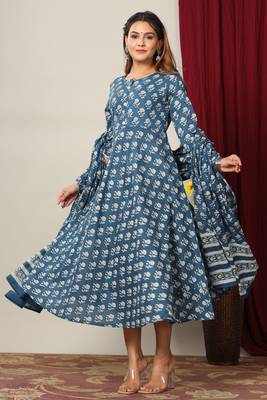 Womens Cotton Floral Print Anarkali Kurta with Dupatta 1